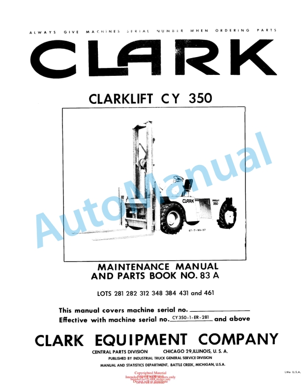 Clark Clarklift CY 350 Maintenance Manual and Parts Book 83A