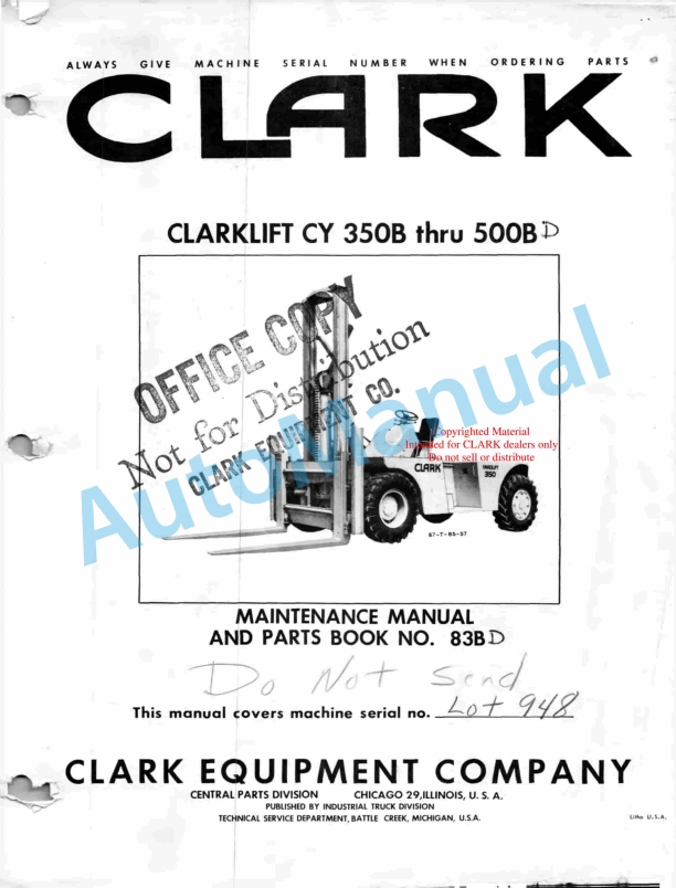 Clark Clarklift CY 350B - 500B Maintenance Manual and Parts Book 83BD