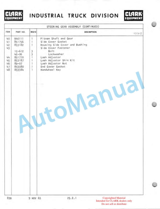 Clark Clarklift CY 350B - 500B Maintenance Manual and Parts Book 83BD-3