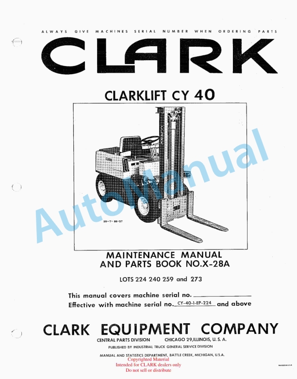 Clark Clarklift CY 40 Maintenance Manual and Parts Book X28A