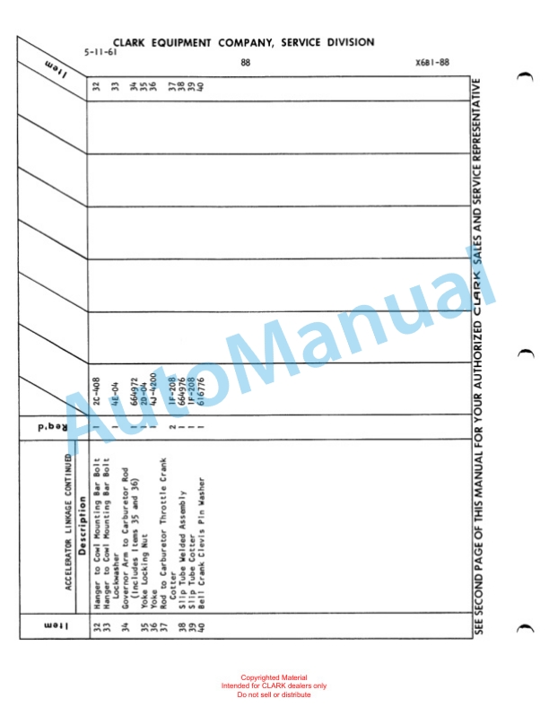 Clark Clarklift F40B Maintenance Manual and Parts Book X6B1-2