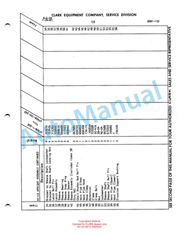 Clark Clarklift F40B Maintenance Manual and Parts Book X6B1-5