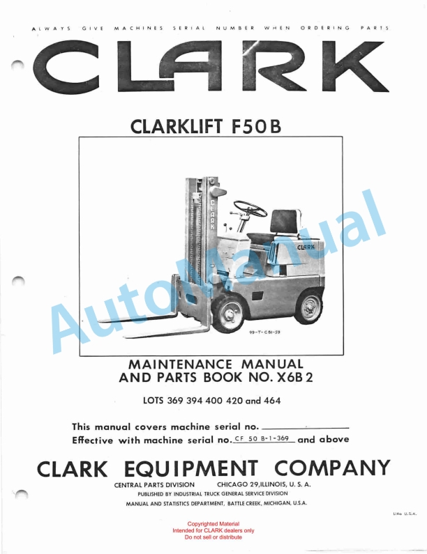 Clark Clarklift F50B Maintenance Manual and Parts Book X6B2