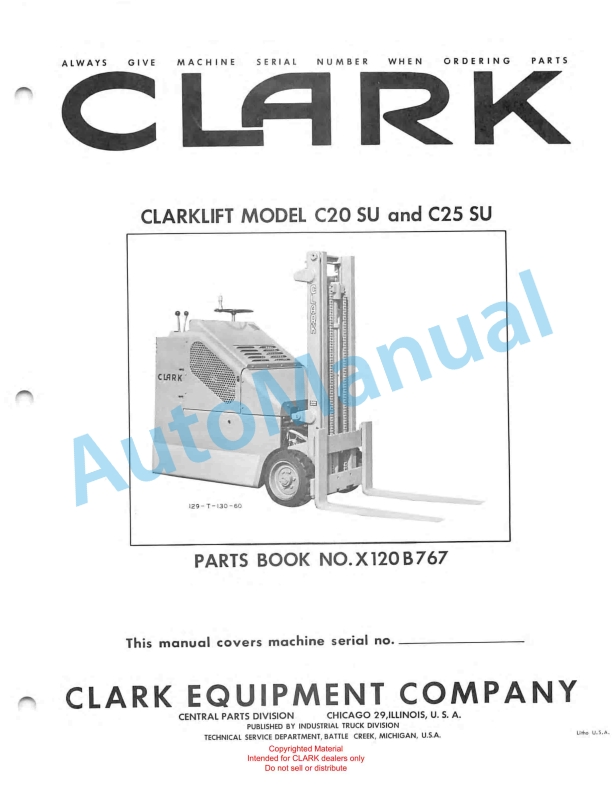 Clark Clarklift Model C20 SU and C25 SU Parts Book X120B767