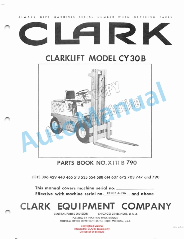 Clark Clarklift Model CF30B Parts Book X111B 790