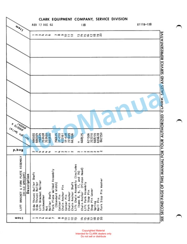 Clark Clarklift Model CF30B Parts Book X111B 790-4