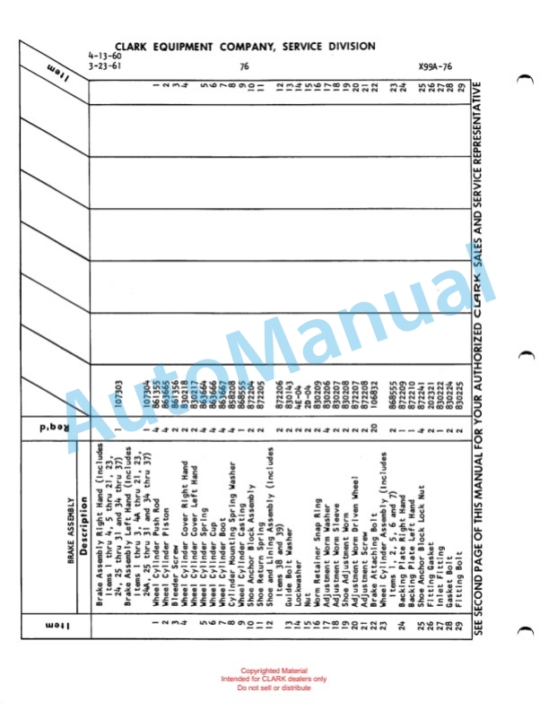 Clark Clarklift Model CY 150 Maintenance Manual and Parts Book X57A-2