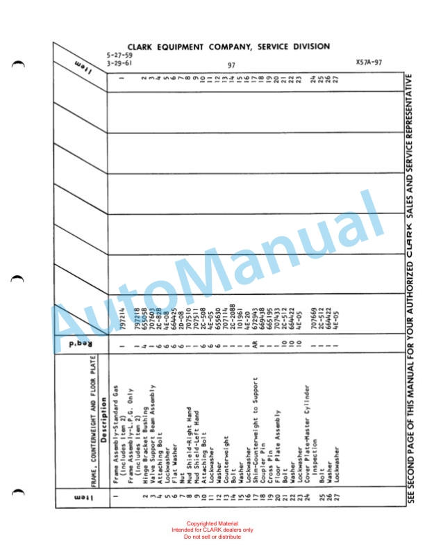 Clark Clarklift Model CY 150 Maintenance Manual and Parts Book X57A-3