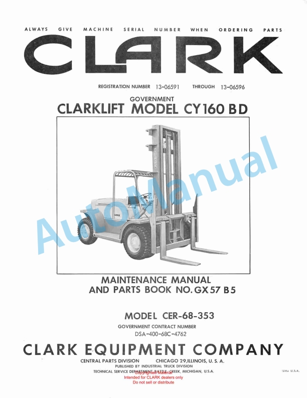 Clark Clarklift Model CY 160 BD Maintenance Manual and Parts Book GX 57B5