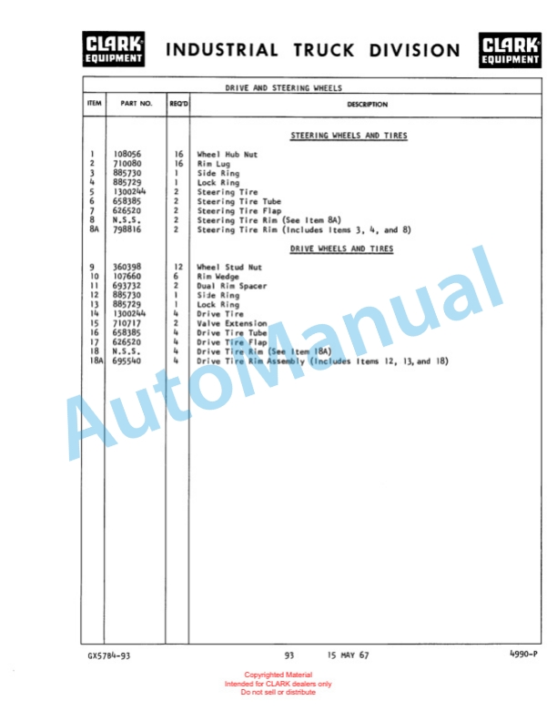 Clark Clarklift Model CY 160 BD Maintenance Manual and Parts Book GX 57B5-3