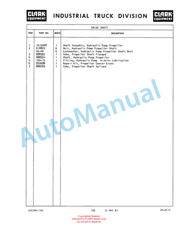 Clark Clarklift Model CY 160 BD Maintenance Manual and Parts Book GX 57B5-4