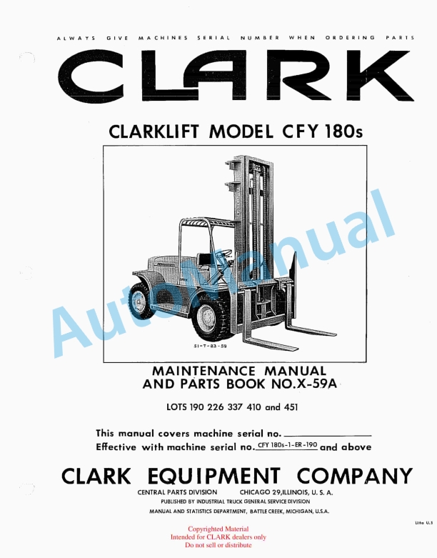 Clark Clarklift Model CY 180s Maintenance Manual and Parts Book X59A
