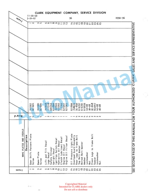 Clark Clarklift Model CY 180s Maintenance Manual and Parts Book X59A-3