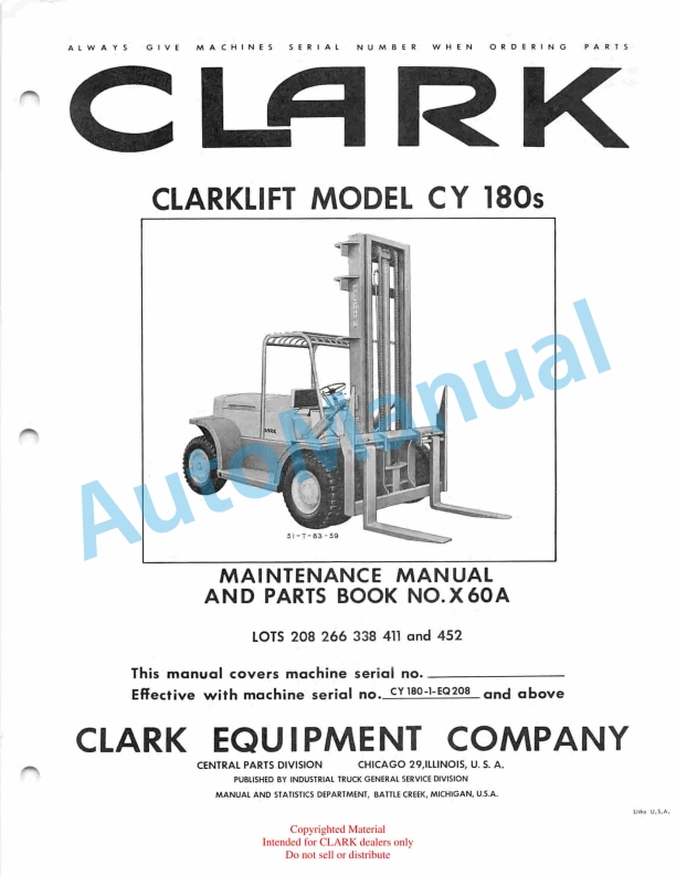 Clark Clarklift Model CY 180s Maintenance Manual and Parts Book X60A