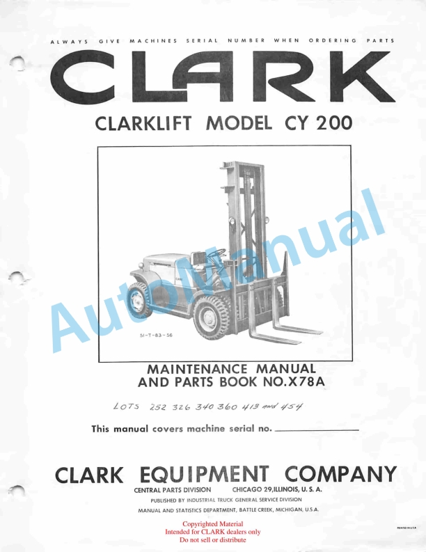 Clark Clarklift Model CY 200 Maintenance Manual and Parts Book X78A
