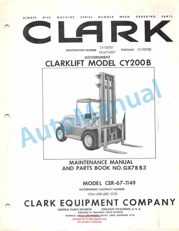 Clark Clarklift Model CY 200B Maintenance Manual and Parts Book GX78B3