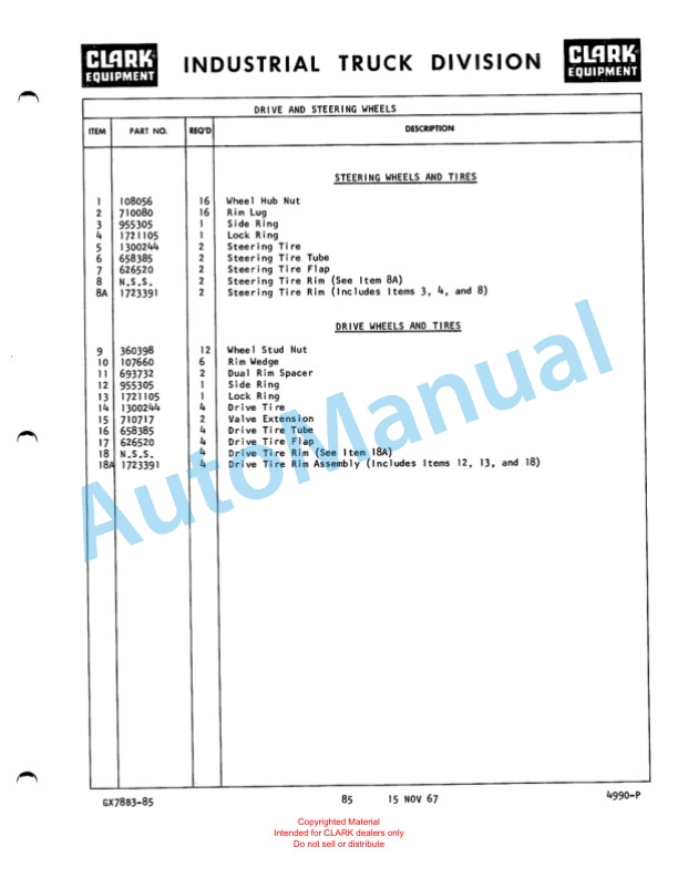 Clark Clarklift Model CY 200B Maintenance Manual and Parts Book GX78B3-2