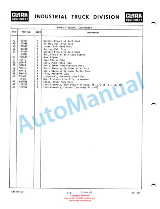 Clark Clarklift Model CY 200B Maintenance Manual and Parts Book GX78B3-3