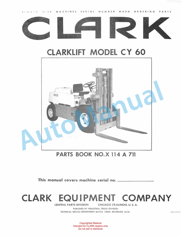 Clark Clarklift Model CY 60 Parts Book X114A 711