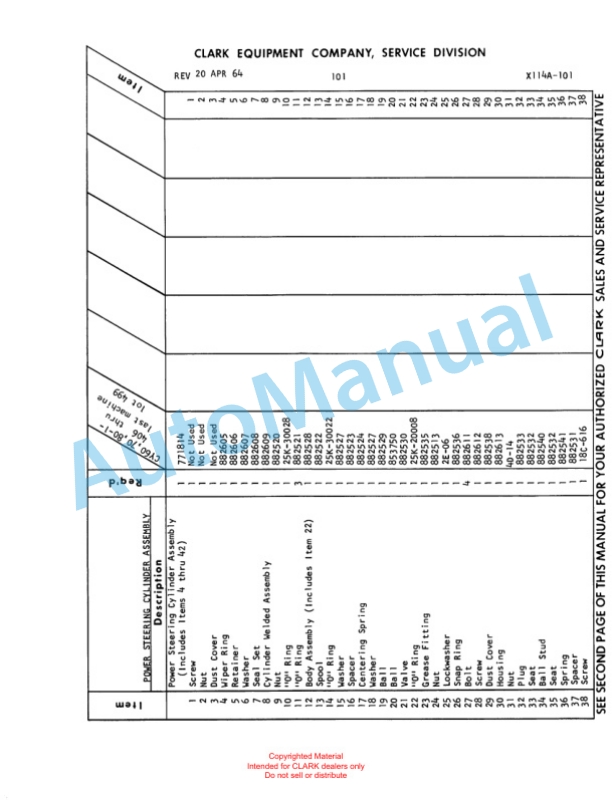 Clark Clarklift Model CY 60 Parts Book X114A 711-2