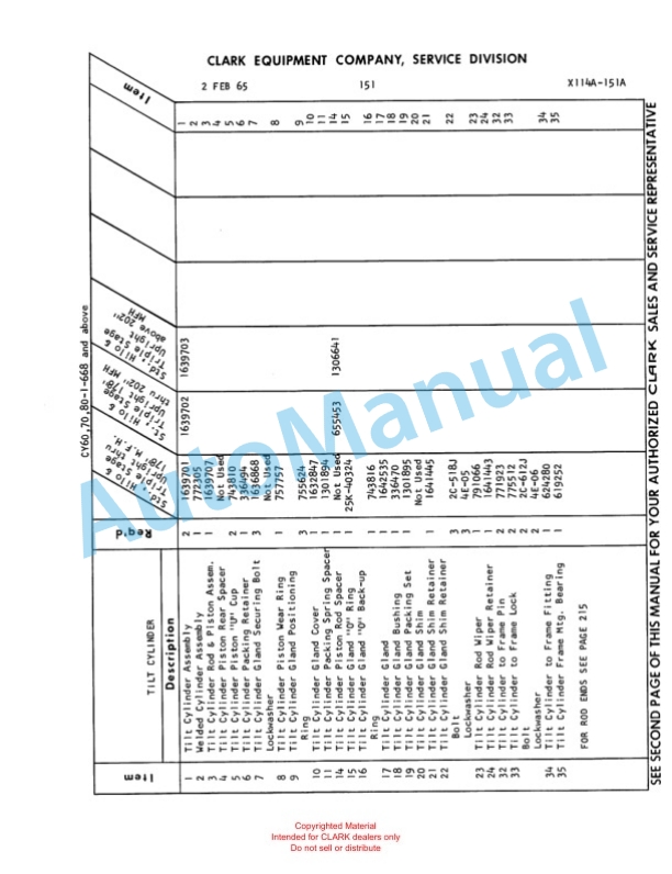 Clark Clarklift Model CY 60 Parts Book X114A 711-4