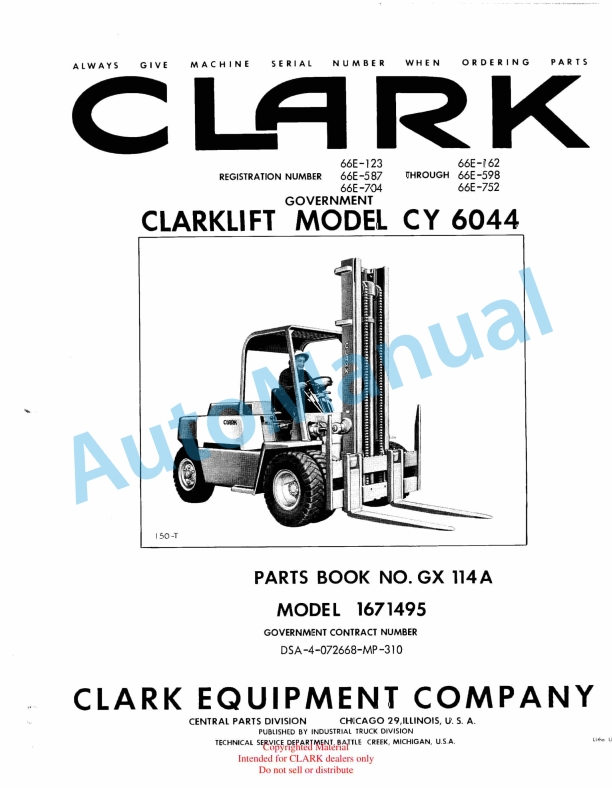 Clark Clarklift Model CY 6044 Parts Book GX 114A