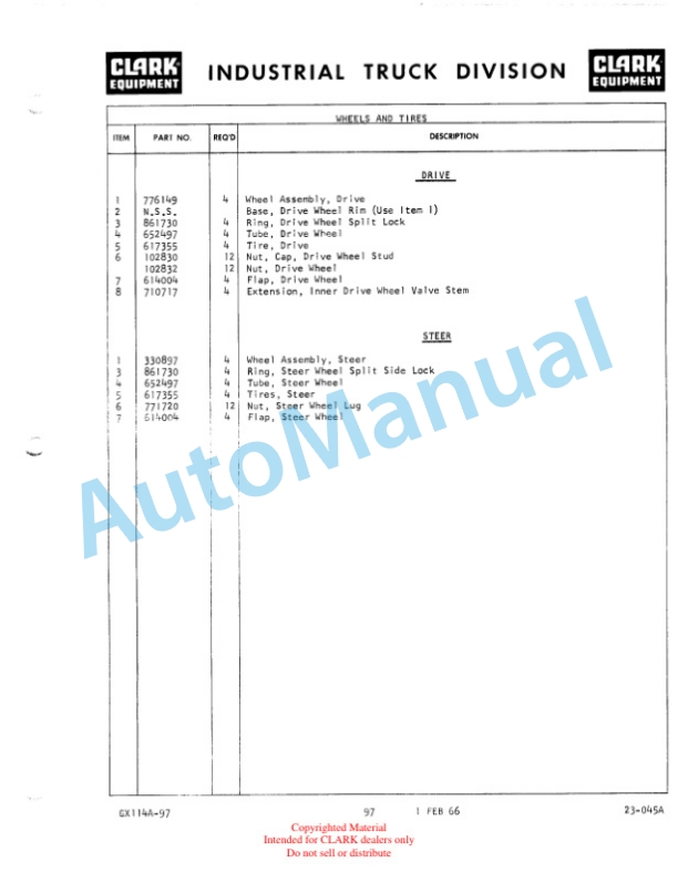 Clark Clarklift Model CY 6044 Parts Book GX 114A-2