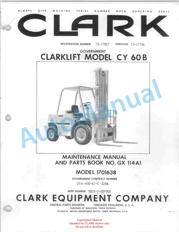 Clark Clarklift Model CY 60B Maintenance Manual and Parts Book GX 114A1