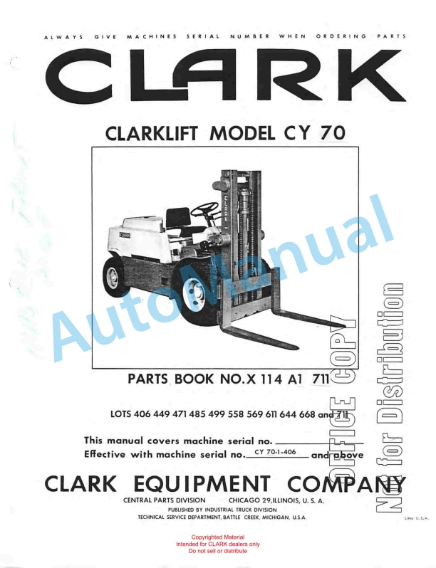 Clark Clarklift Model CY 70 Parts Book X114A1 711