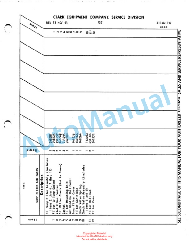 Clark Clarklift Model CY 70 Parts Book X114A1 711-4