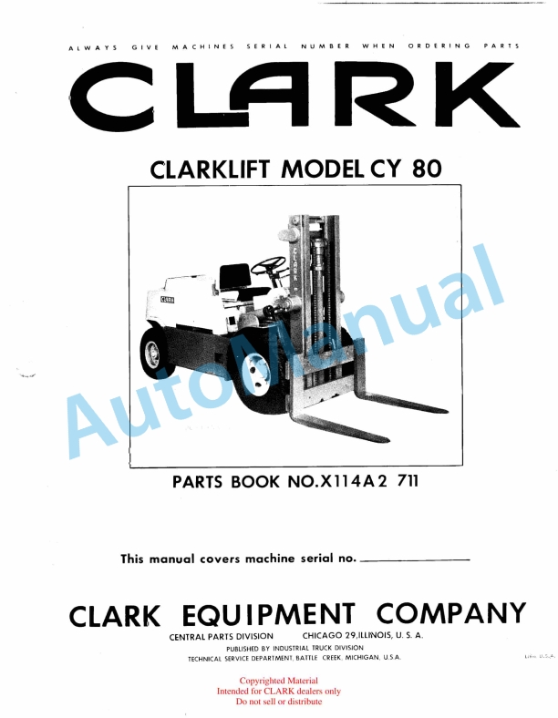 Clark Clarklift Model CY 80 Parts Book X114A2 711
