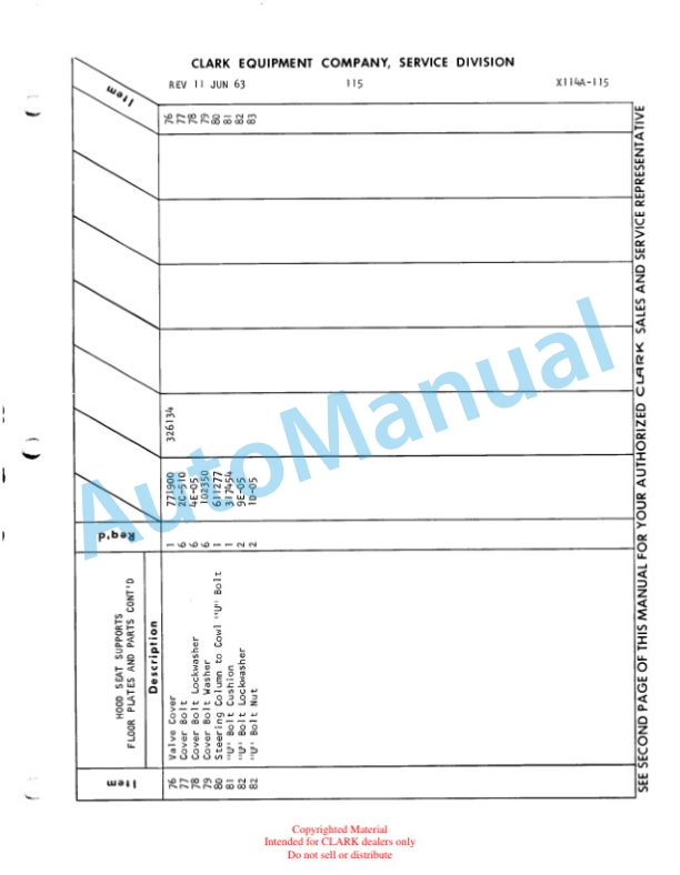 Clark Clarklift Model CY 80 Parts Book X114A2 711-3