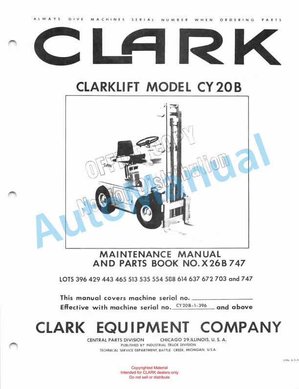 Clark Clarklift Model CY20B Maintenance Manual and Parts Book X26B 747