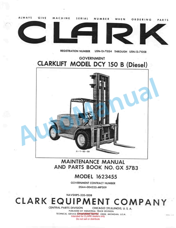 Clark Clarklift Model DCY 150 B Diesel Maintenance Manual and Parts Book GX 57B3