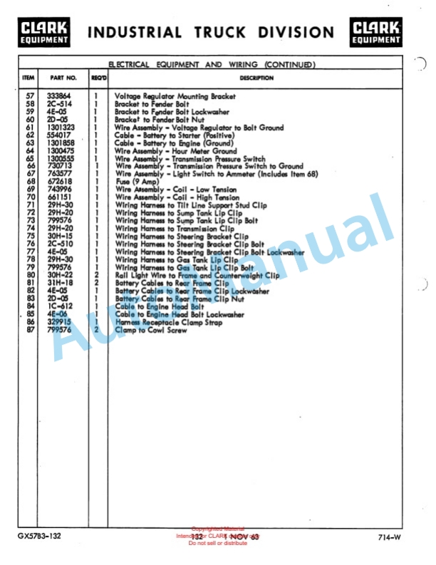 Clark Clarklift Model DCY 150 B Diesel Maintenance Manual and Parts Book GX 57B3-4