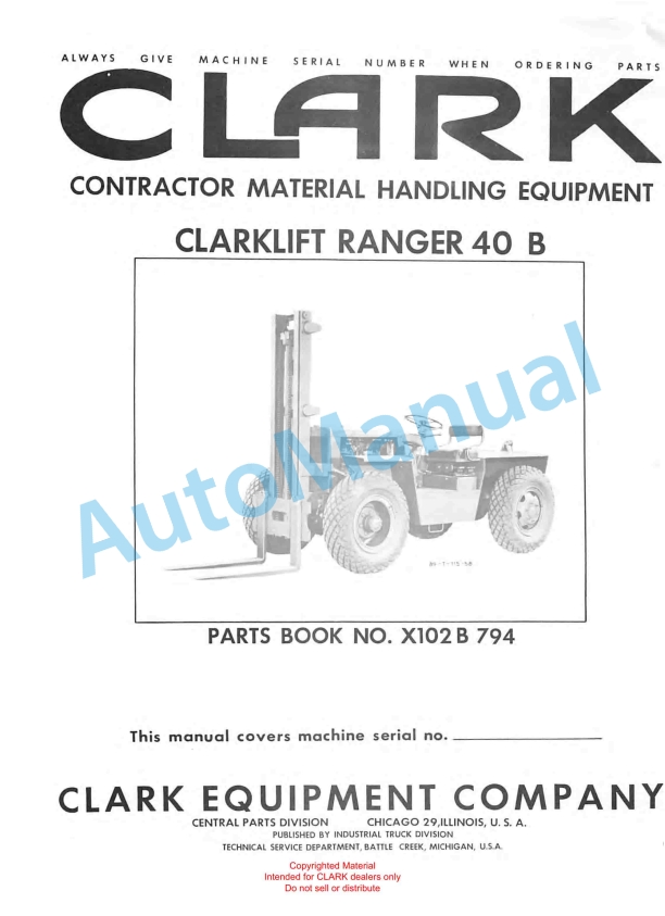 Clark Clarklift Ranger 40 B Parts Book X102B 794