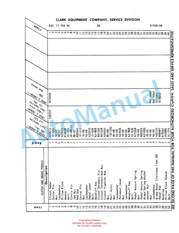 Clark Clarklift Ranger 40 B Parts Book X102B 794-3
