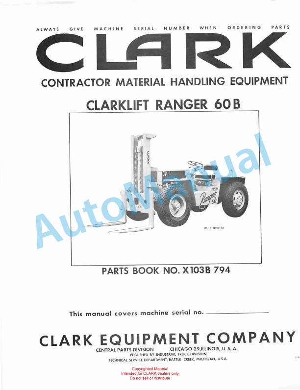 Clark Clarklift Ranger 60 B Parts Book X103B 794