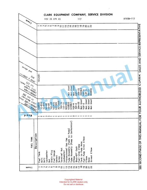 Clark Clarklift Ranger 60 B Parts Book X103B 794-3