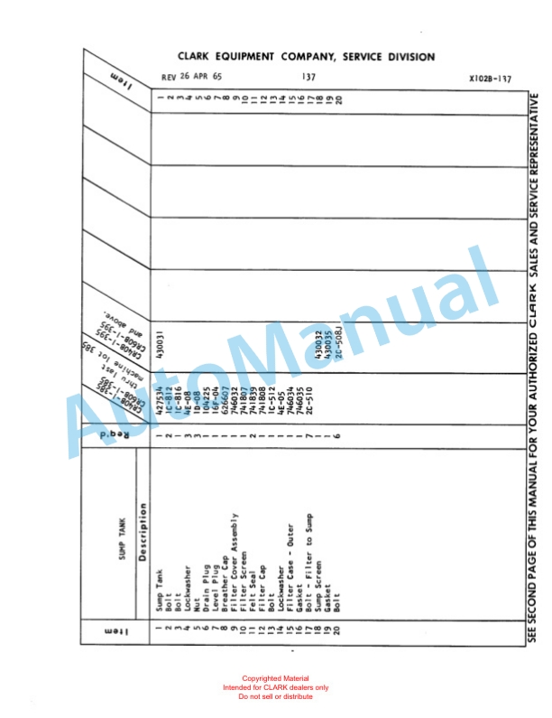 Clark Clarklift Ranger 60 B Parts Book X103B 794-5
