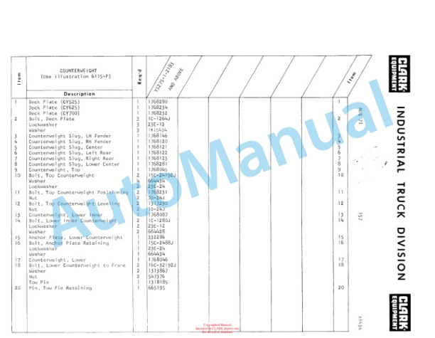Clark Clarklift Y 5275 CY 525, 625, 700 Diesel Parts Book X143A 2303-4
