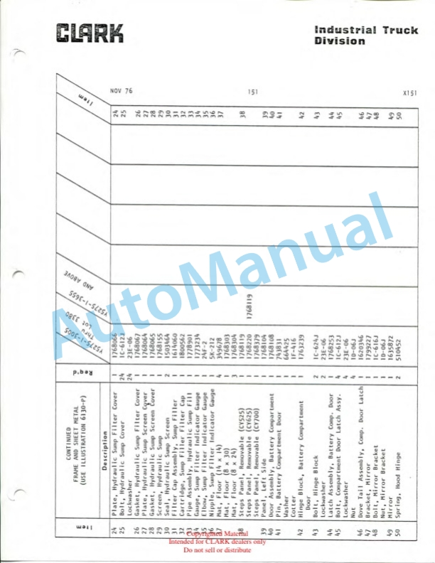 Clark Clarklift Y 5275 CY 525, 625, 700 Diesel Parts Book X151 3655-4