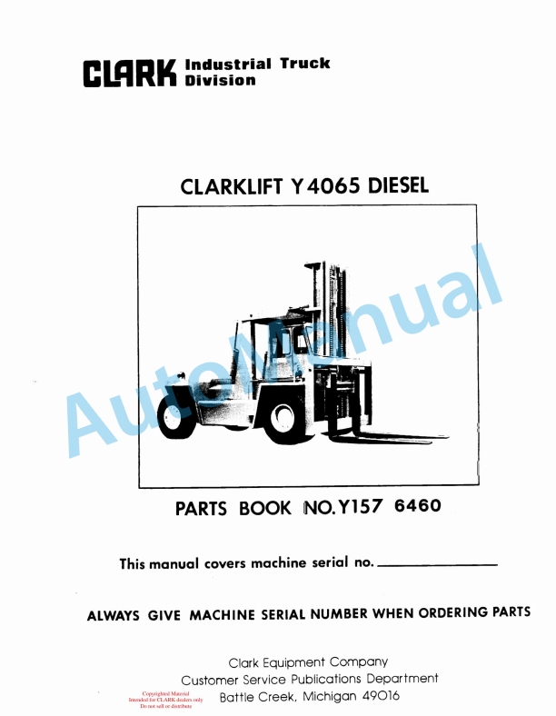 Clark Clarklift Y4065 Diesel Parts Book Y157 6460