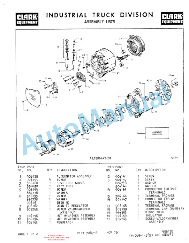 Clark Clarklift Y4065 Diesel Parts Book Y157 6460-2