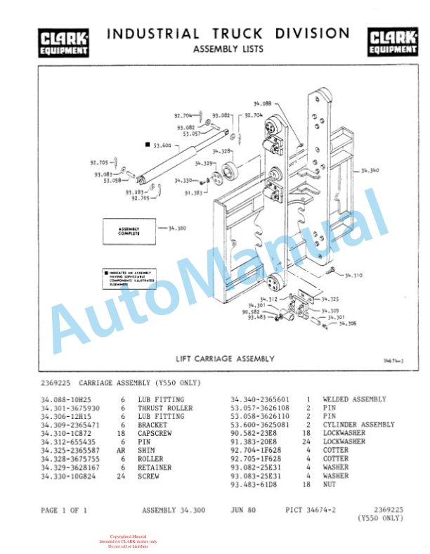 Clark Clarklift Y4065 Diesel Parts Book Y157 6460-4