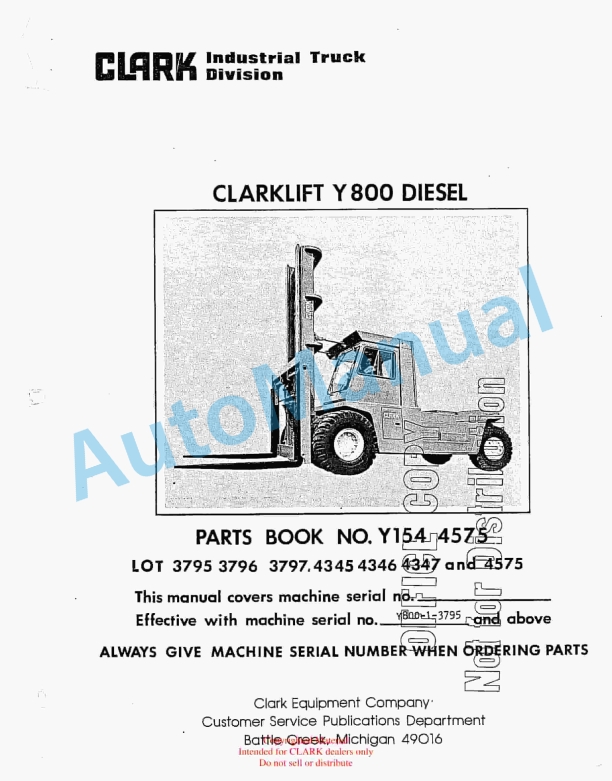 Clark Clarklift Y800 Diesel Parts Book Y154 4575