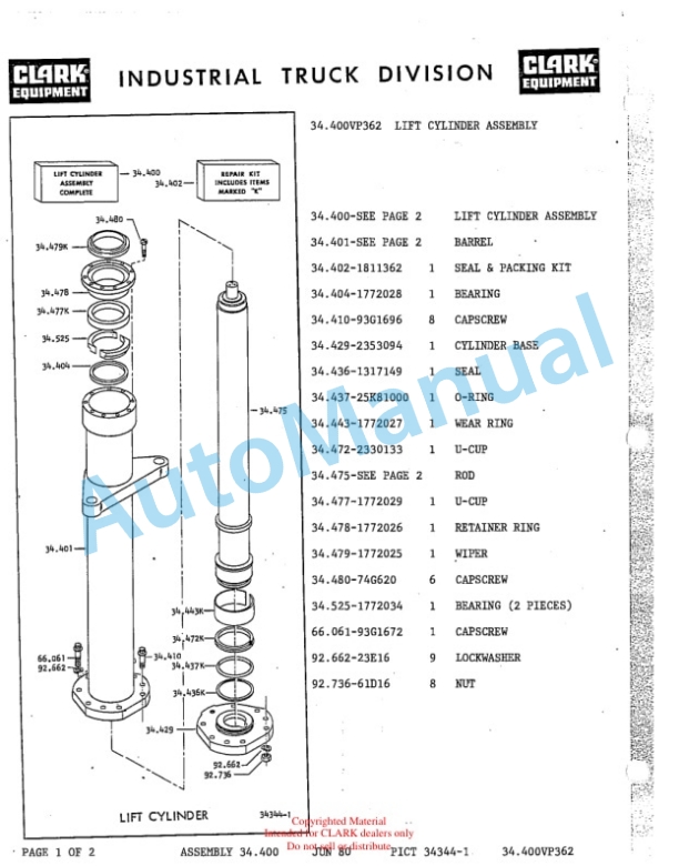Clark Clarklift Y800 Diesel Parts Book Y154 4575-2