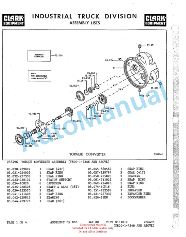 Clark Clarklift Y800 Diesel Parts Book Y154 4575-3
