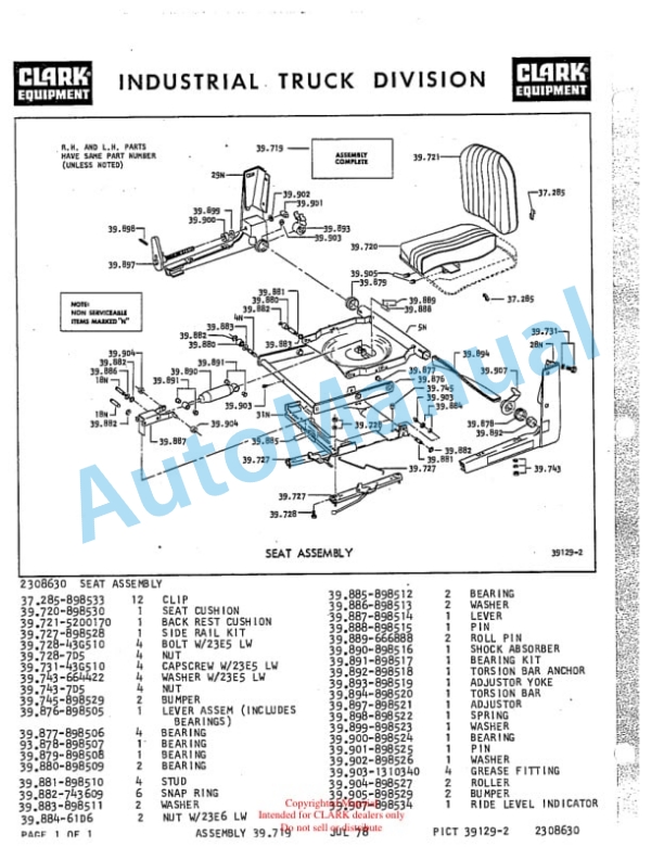 Clark Clarklift Y800 Diesel Parts Book Y154 4575-4