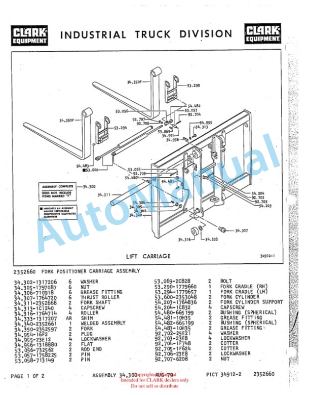 Clark Clarklift Y800 Diesel Parts Book Y154 4575-5